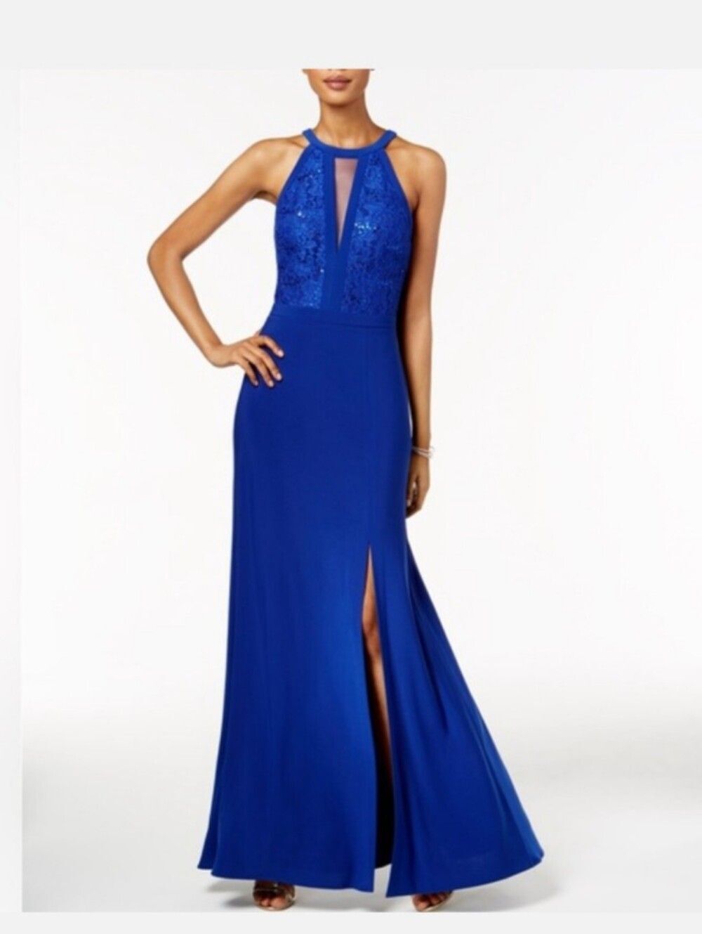 NWT Nightway Royal Blue Lace Sequin Illusion Gown Halter Maxi Dress 12